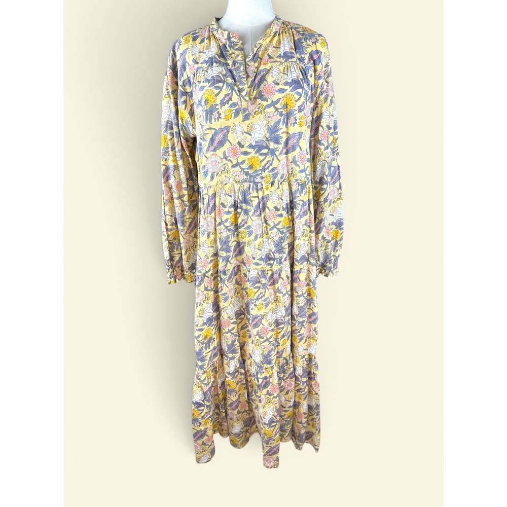 Madison Mathews Maxi Dress SZ XXL Yellow Floral Cotton Tiered Block Print